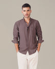 Taupe Textured Polyester Viscose Mandarin Collar Shirt