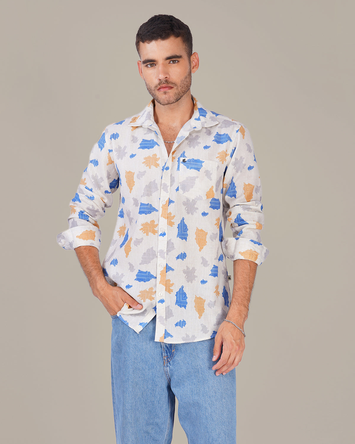 Off-White Abstract Print Linen Blend Regular Fit Shirt