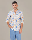 Off-White Abstract Print Linen Blend Regular Fit Shirt