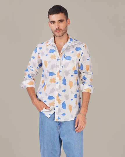 Off-White Abstract Print Linen Blend Regular Fit Shirt