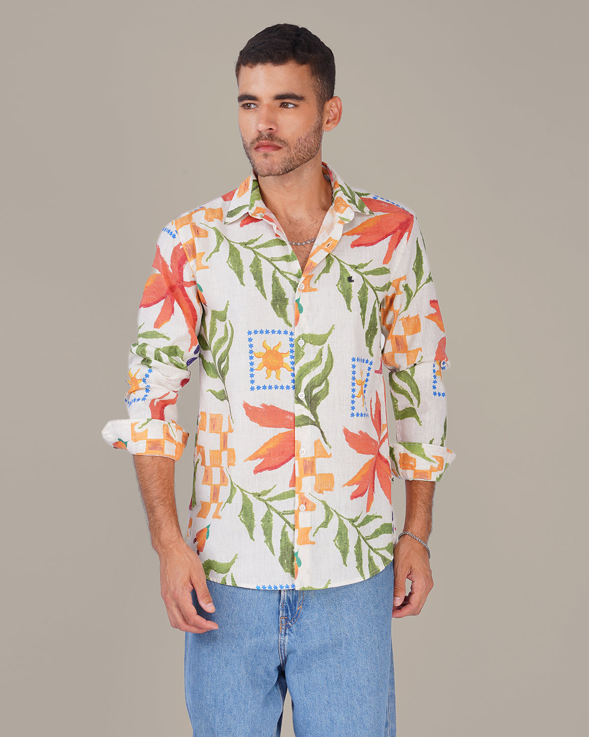 Floral Print Linen Blend Button-Down Shirt