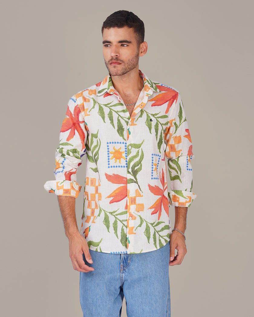 Floral Print Linen Blend Button-Down Shirt