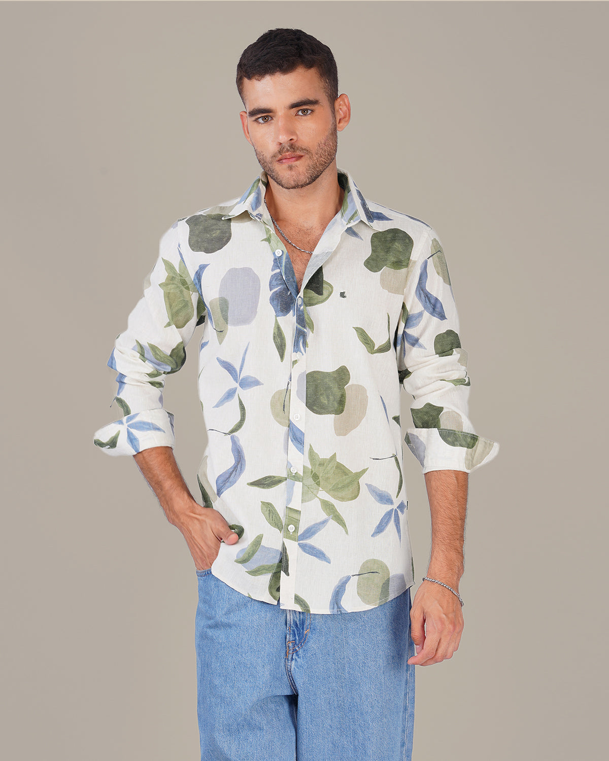 White Botanical Print Linen Blend Regular Fit Shirt