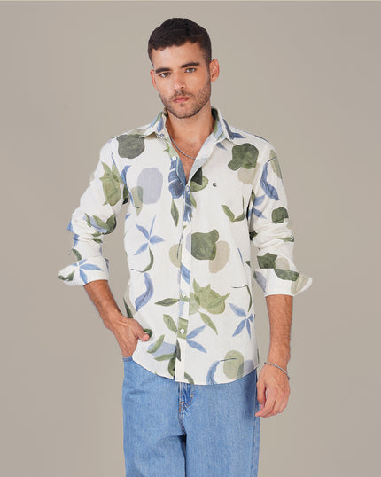 White Botanical Print Linen Blend Regular Fit Shirt