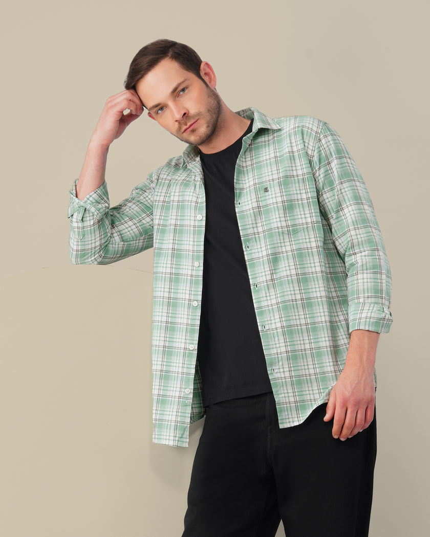 Mint Green Plaid Cotton Slub Classic Fit Shirt