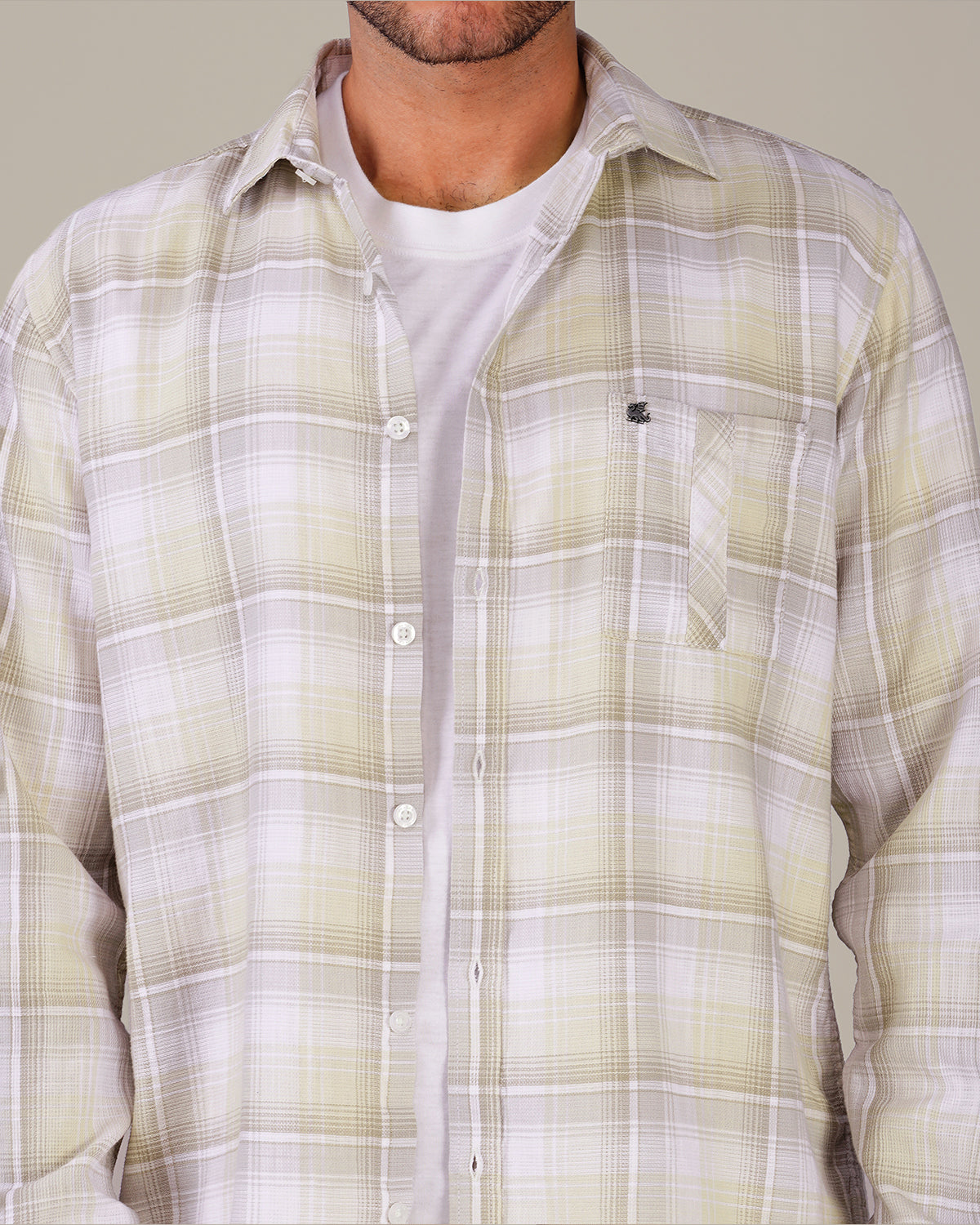 Beige and Gray Plaid Cotton Button-Down Shirt