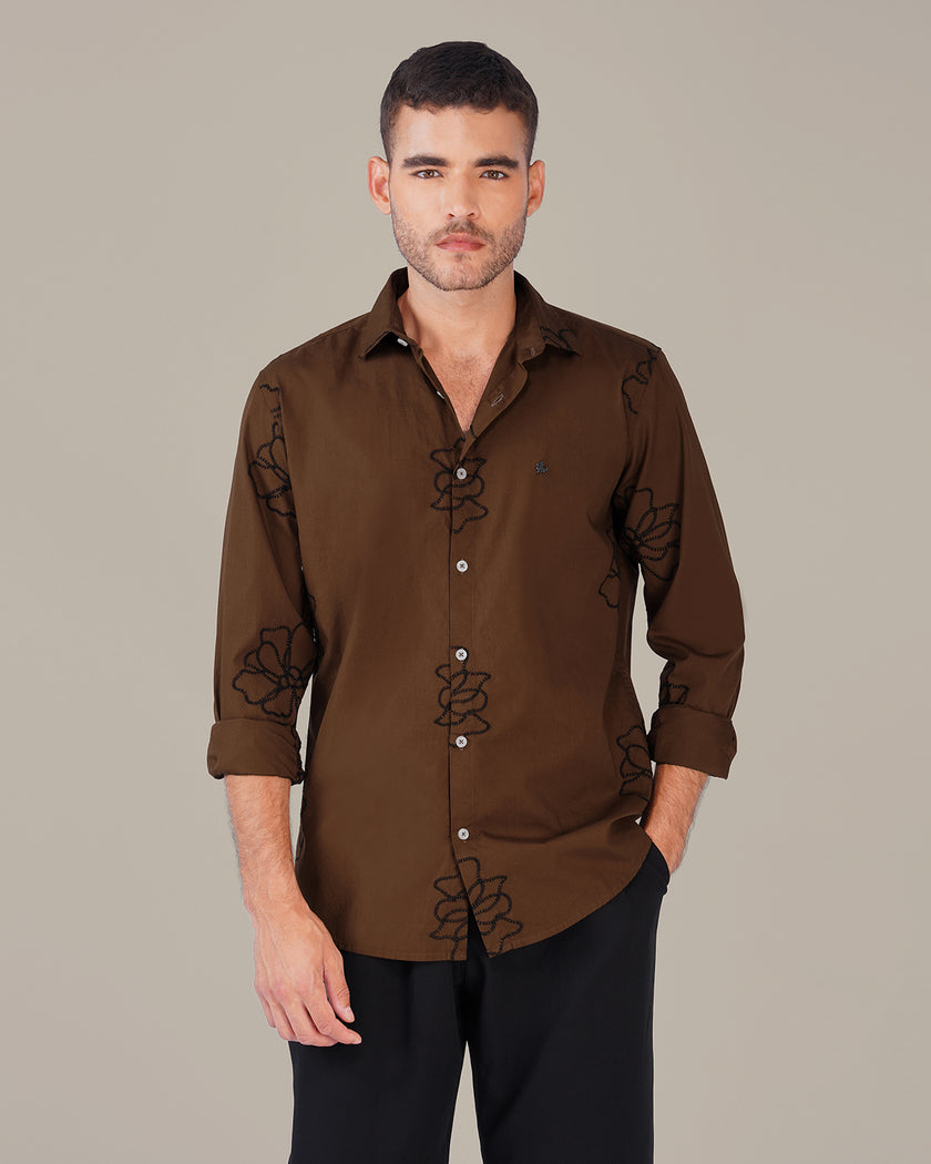 Brown Floral Pattern Linen-Cotton Blend Regular Fit Shirt