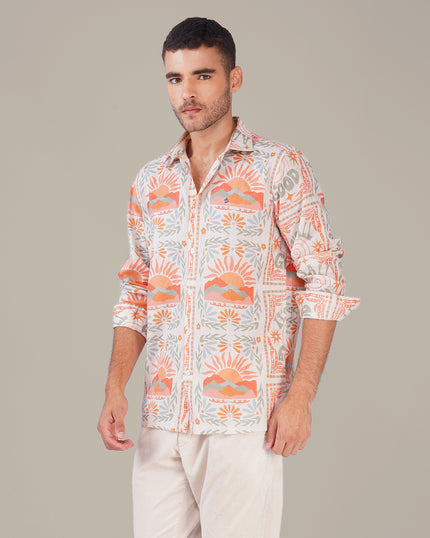 Multicolor Graphic Print Linen Blend Regular Fit Shirt