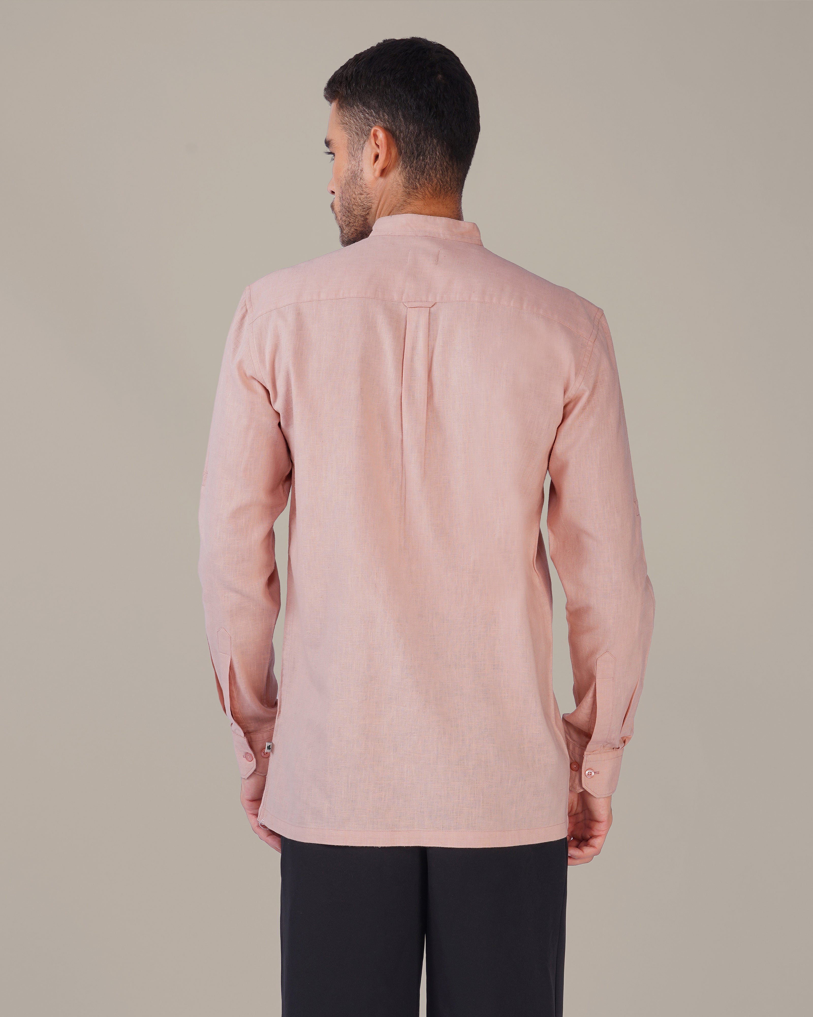 Light Pink Solid Slub Cotton Mandarin Collar Shirt