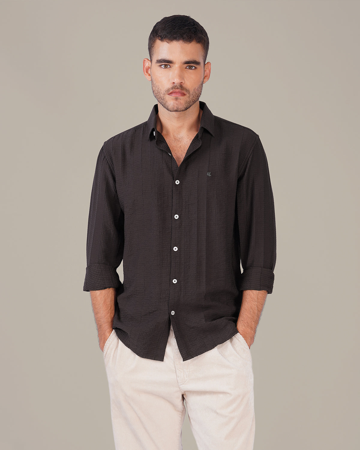 Deep Burgundy Textured Polyester Viscose Blend Regular Fit Shirt