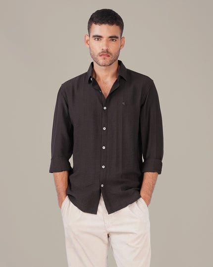 Deep Burgundy Textured Polyester Viscose Blend Regular Fit Shirt