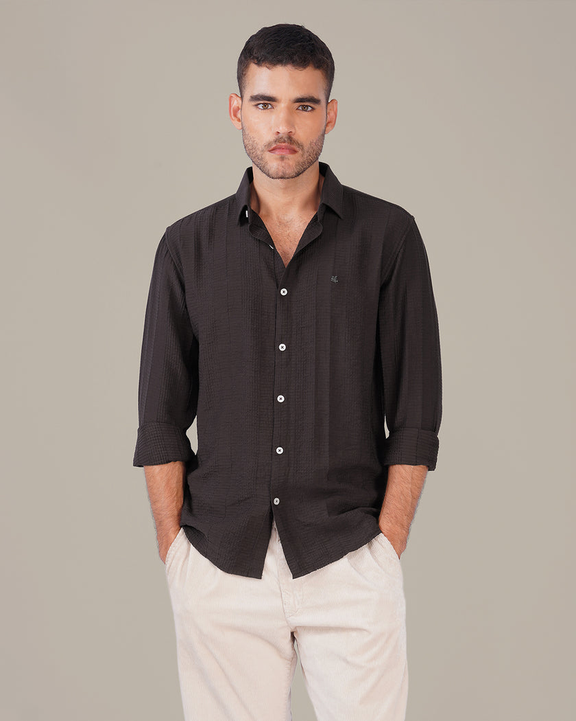 Deep Burgundy Textured Polyester Viscose Blend Regular Fit Shirt