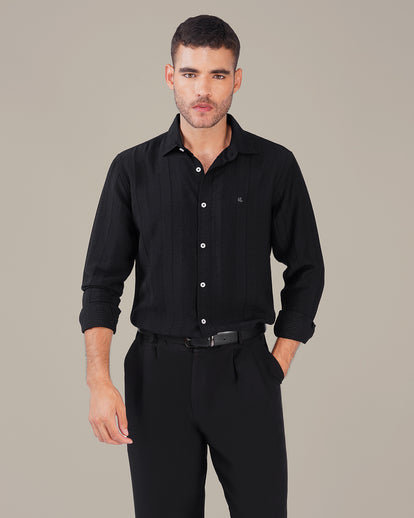 Charcoal Textured Polyester Viscose Blend Regular Fit Shirt