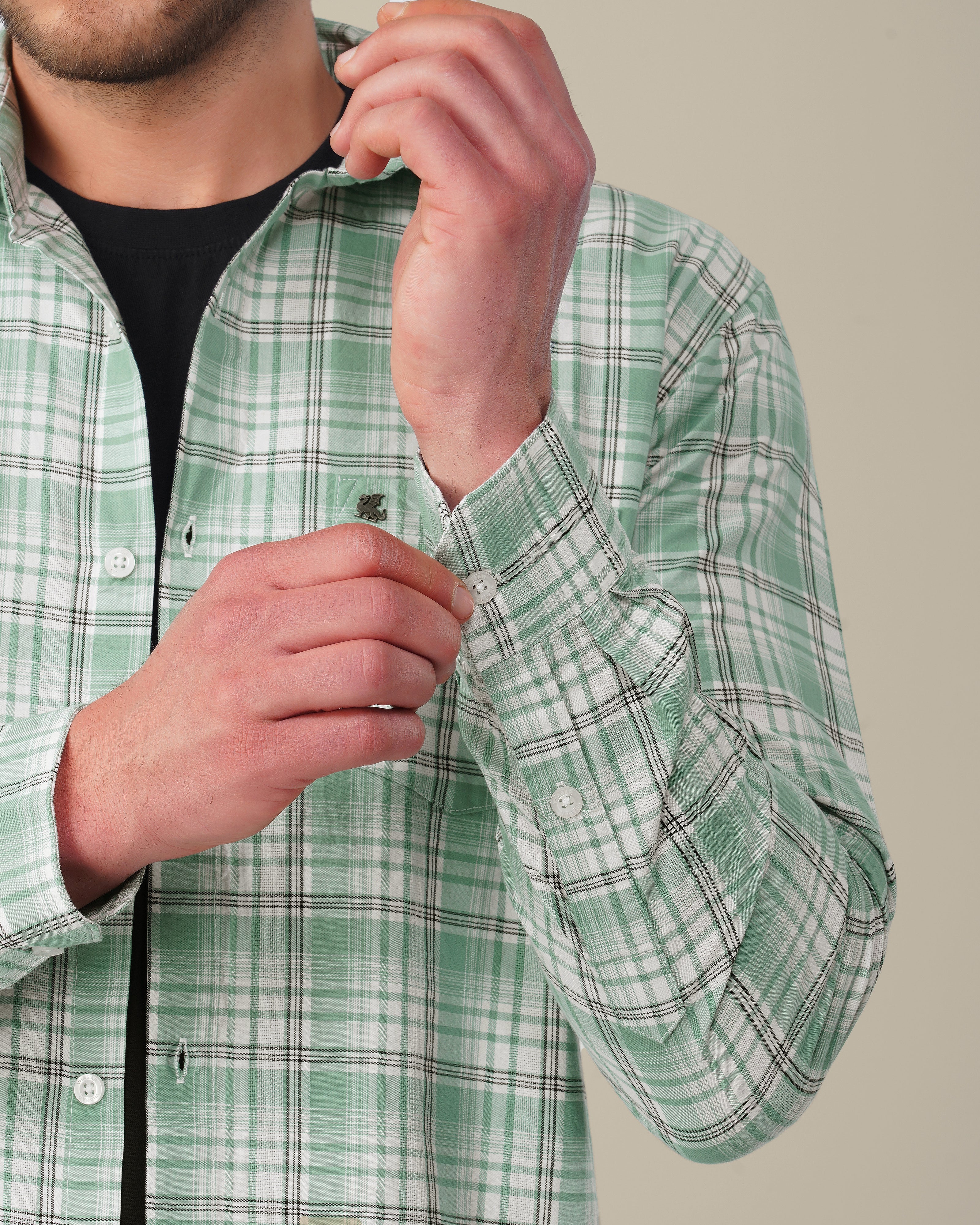 Mint Green Plaid Cotton Slub Classic Fit Shirt