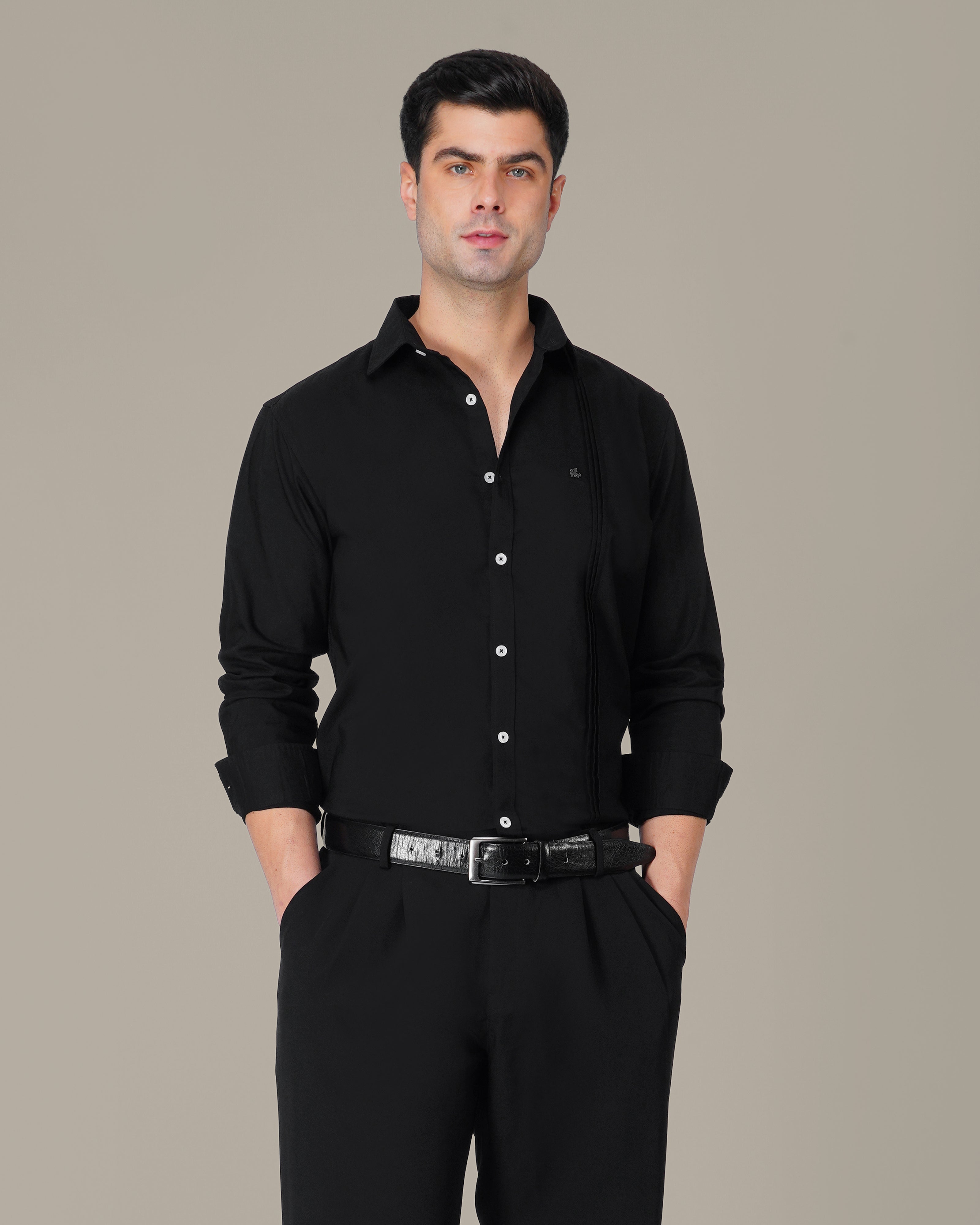 Black Solid Polyester-Lycra Blend Classic Fit Shirt