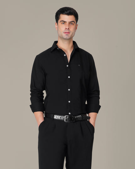 Black Solid Poplin Stretch Button-Up Shirt