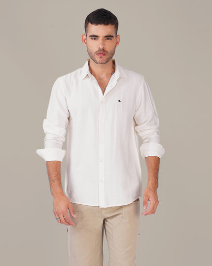 White Textured Polyester Viscose Regular Fit Shirt