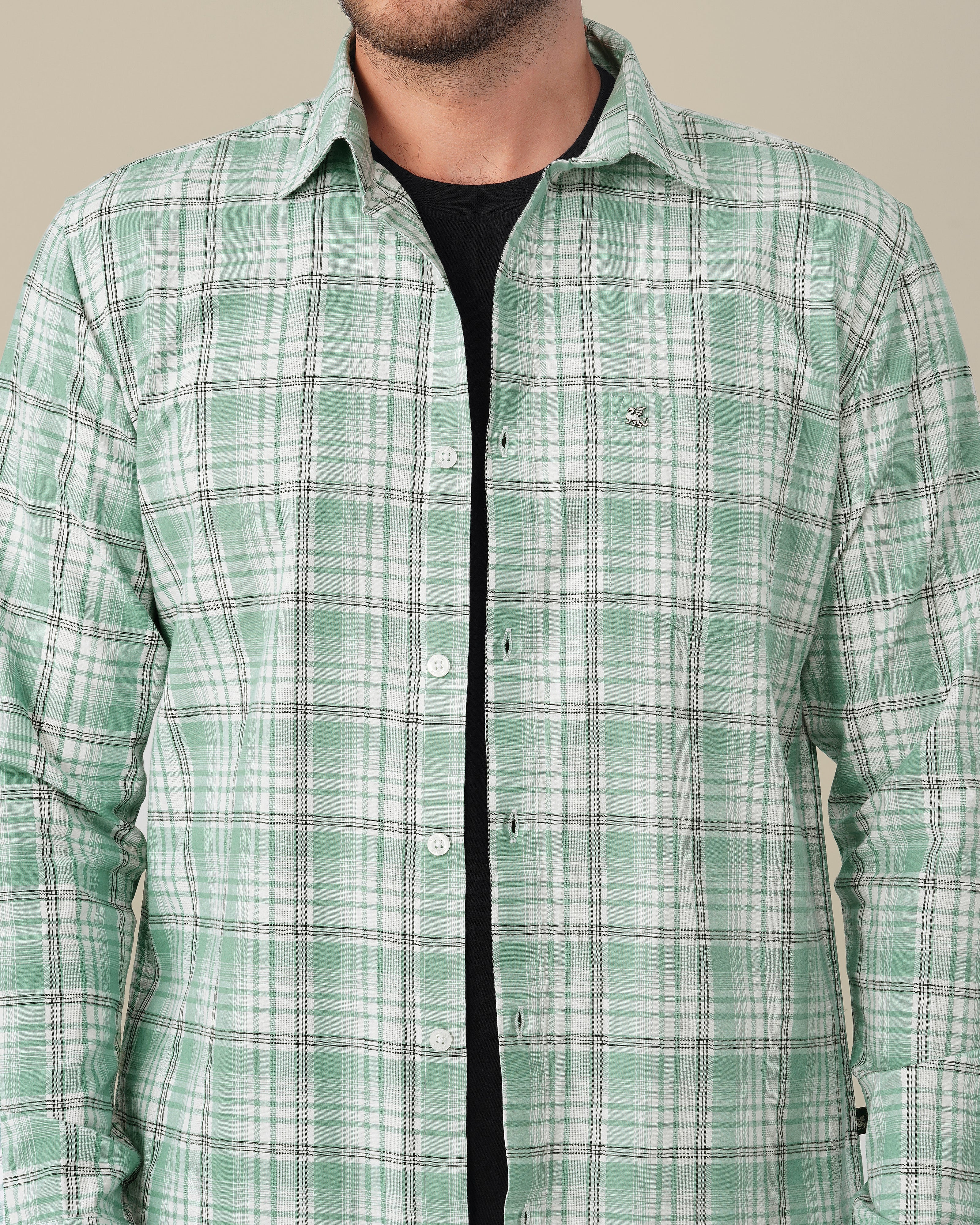 Mint Green Plaid Cotton Slub Classic Fit Shirt