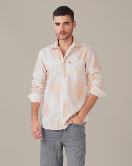 Off-White Patterned Linen Blend Regular Fit Shirt