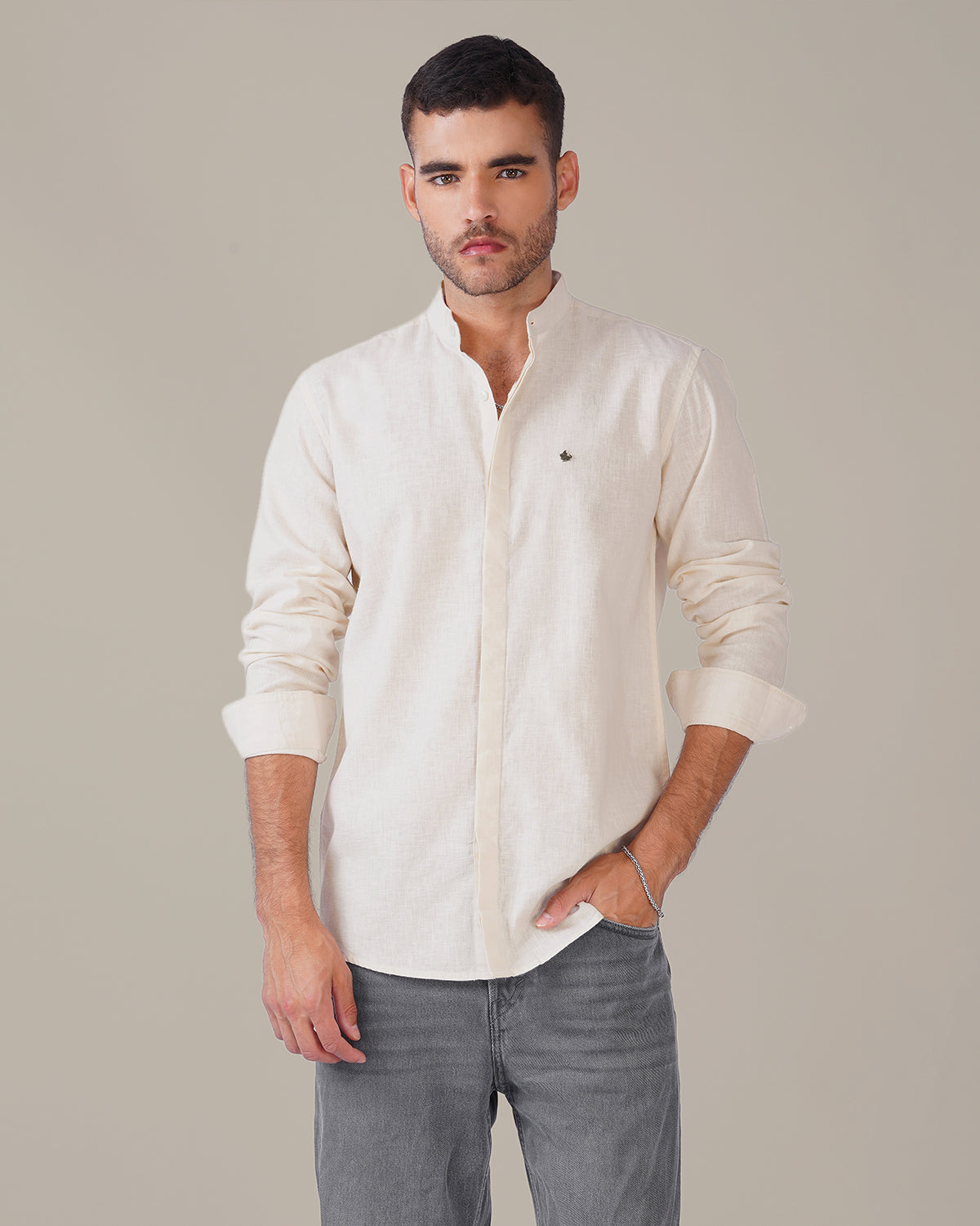 Off White Solid Linen Blend Mandarin Collar Shirt