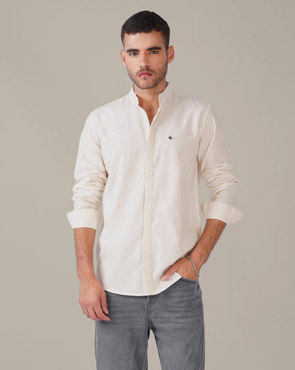 Off White Solid Linen Blend Mandarin Collar Shirt