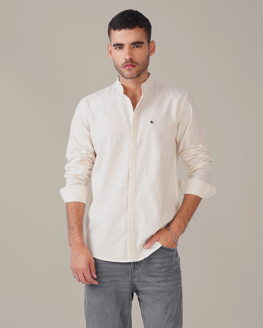 Off White Solid Linen Blend Mandarin Collar Shirt