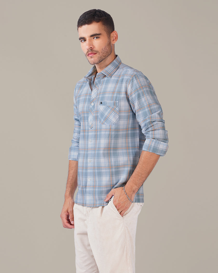 Light Blue Plaid Cotton Slub Regular Fit Shirt