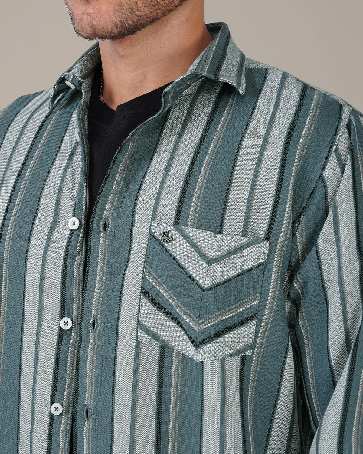 Teal and Gray Striped Cotton Slub Regular Fit Shirt
