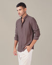 Taupe Textured Polyester Viscose Mandarin Collar Shirt