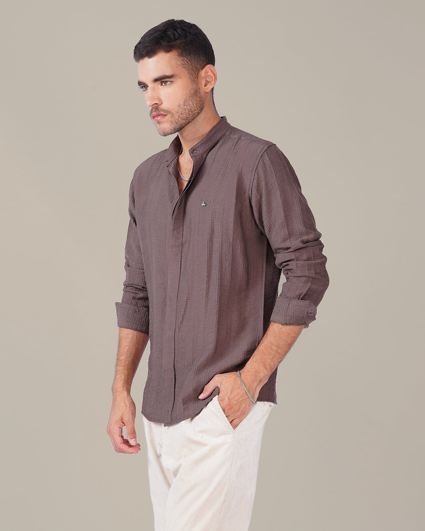 Taupe Textured Polyester Viscose Mandarin Collar Shirt