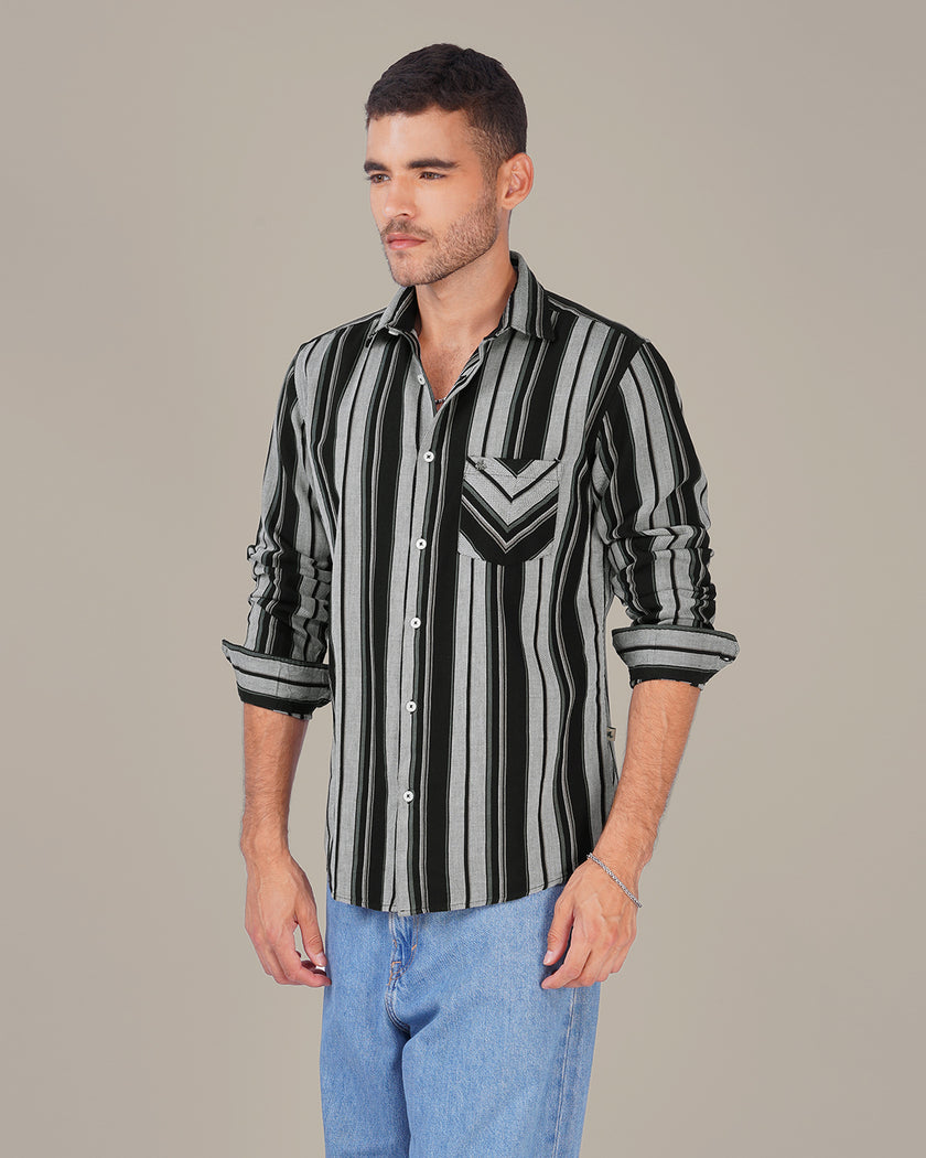 Black and Gray Striped Cotton Slub Regular Fit Shirt