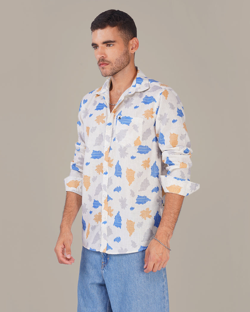 Off-White Abstract Print Linen Blend Regular Fit Shirt