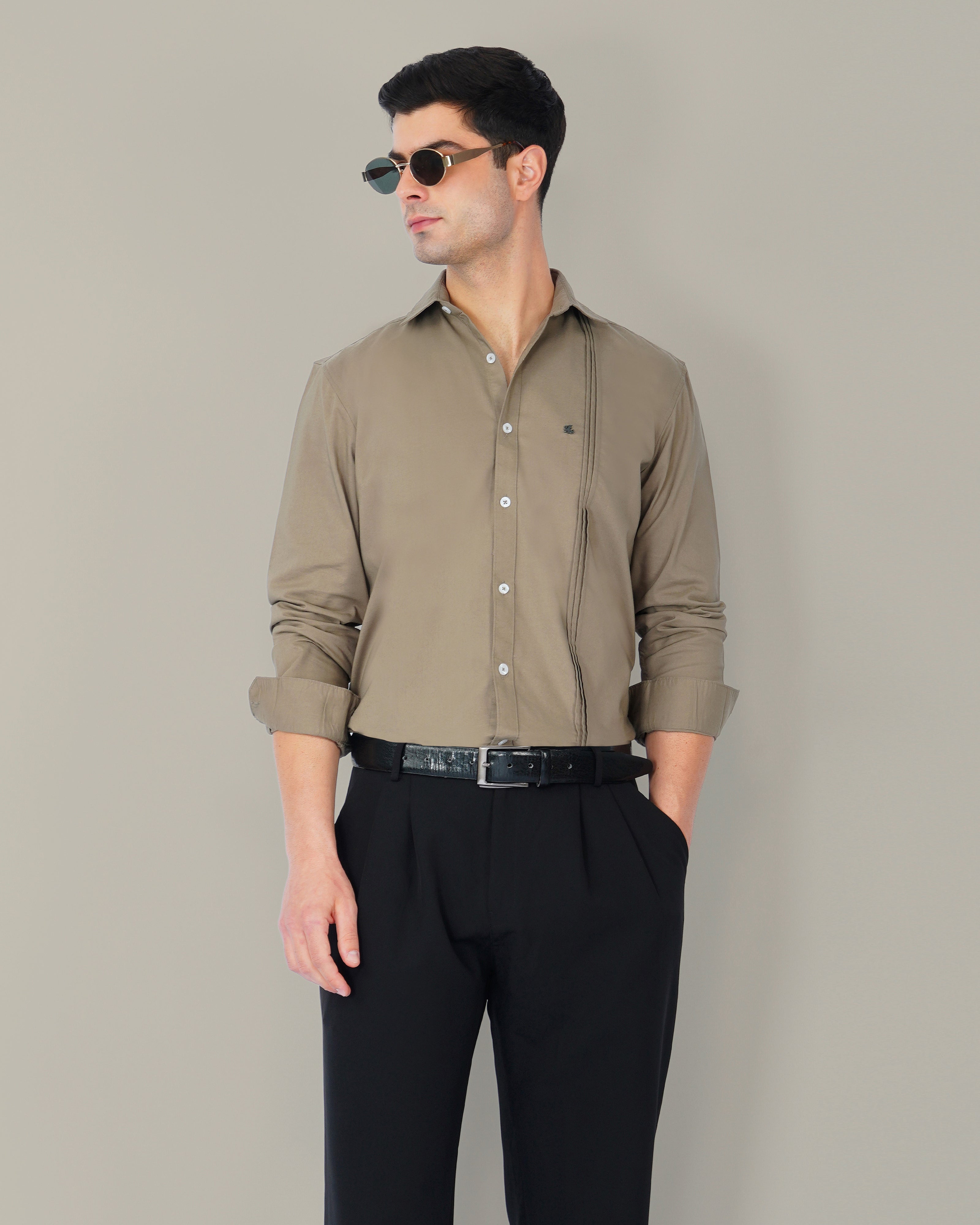 Olive Solid Polyester-Lycra Blend Regular Collar Shirt