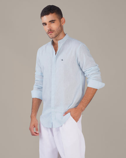 Light Blue Solid Linen Blend Mandarin Collar Shirt