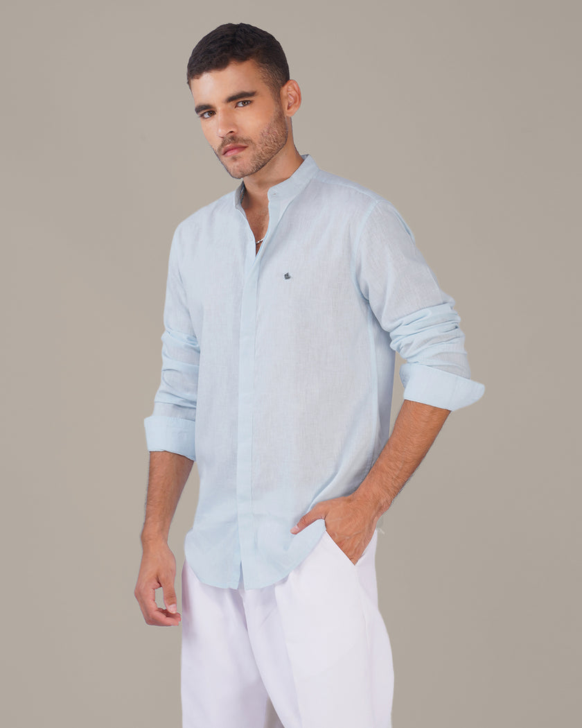 Light Blue Solid Linen Blend Mandarin Collar Shirt