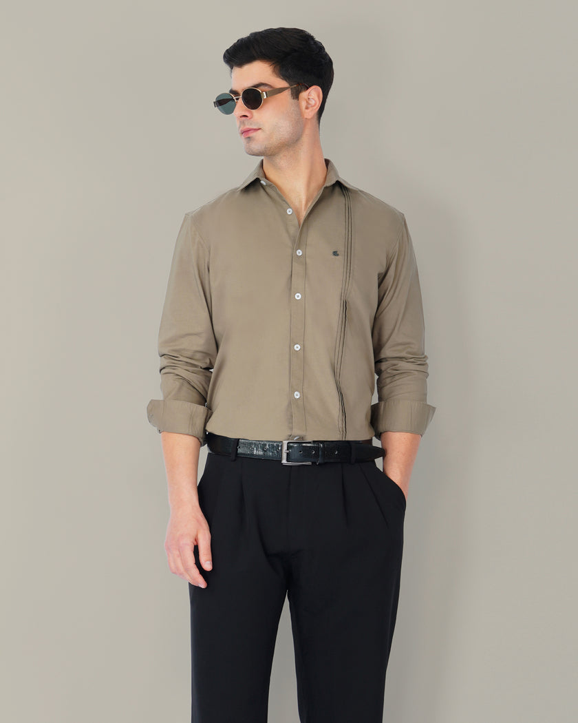 Olive Solid Polyester-Lycra Blend Regular Collar Shirt