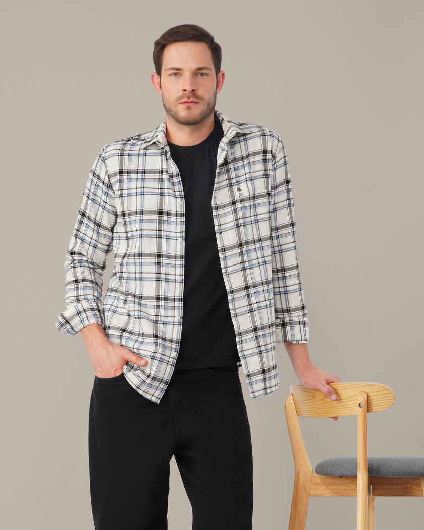 White and Blue Plaid Poly Viscose Stretch Blend Classic Fit Shirt