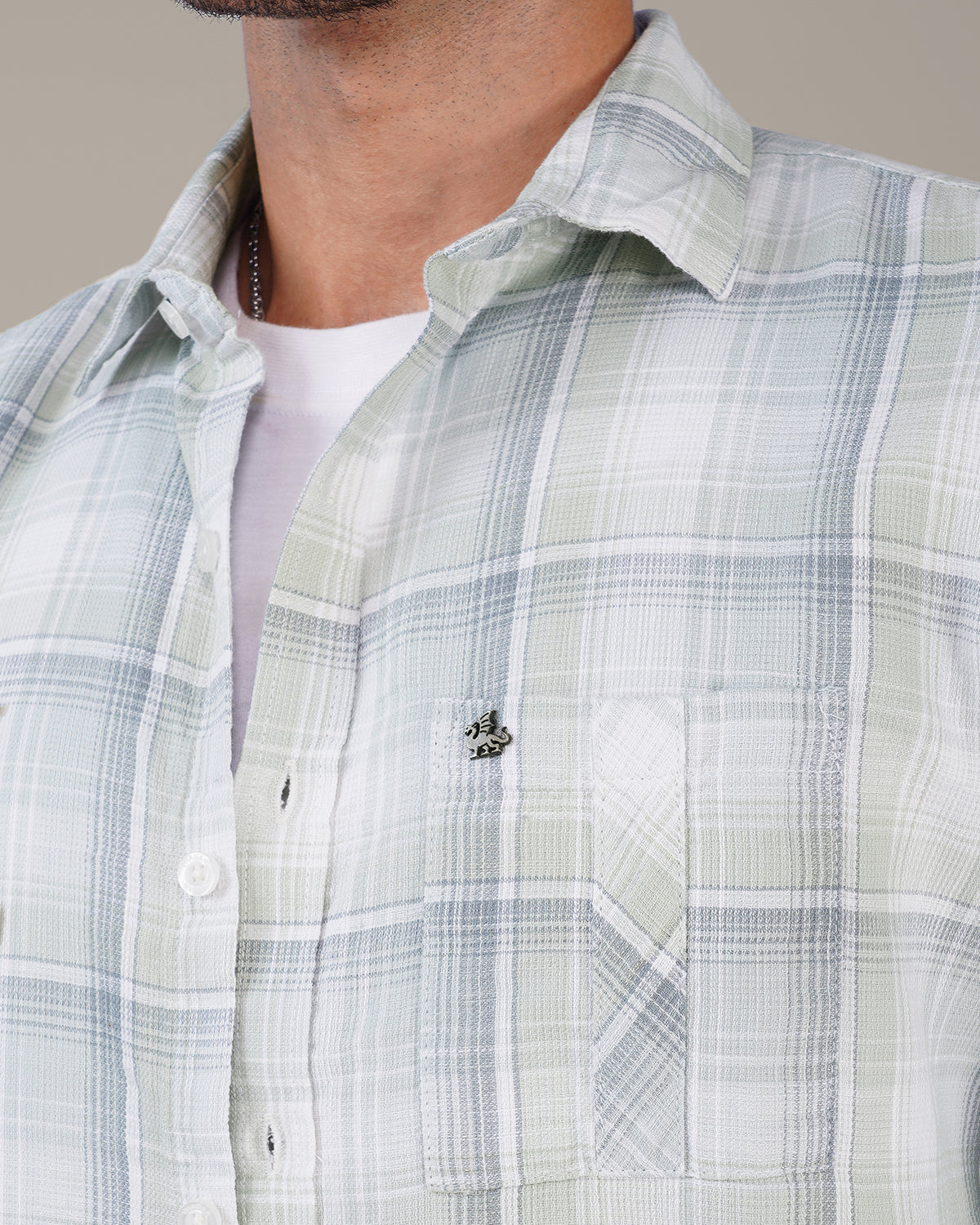Pastel Green and Light Blue Plaid Dobby Weave 100% Cotton Shirt