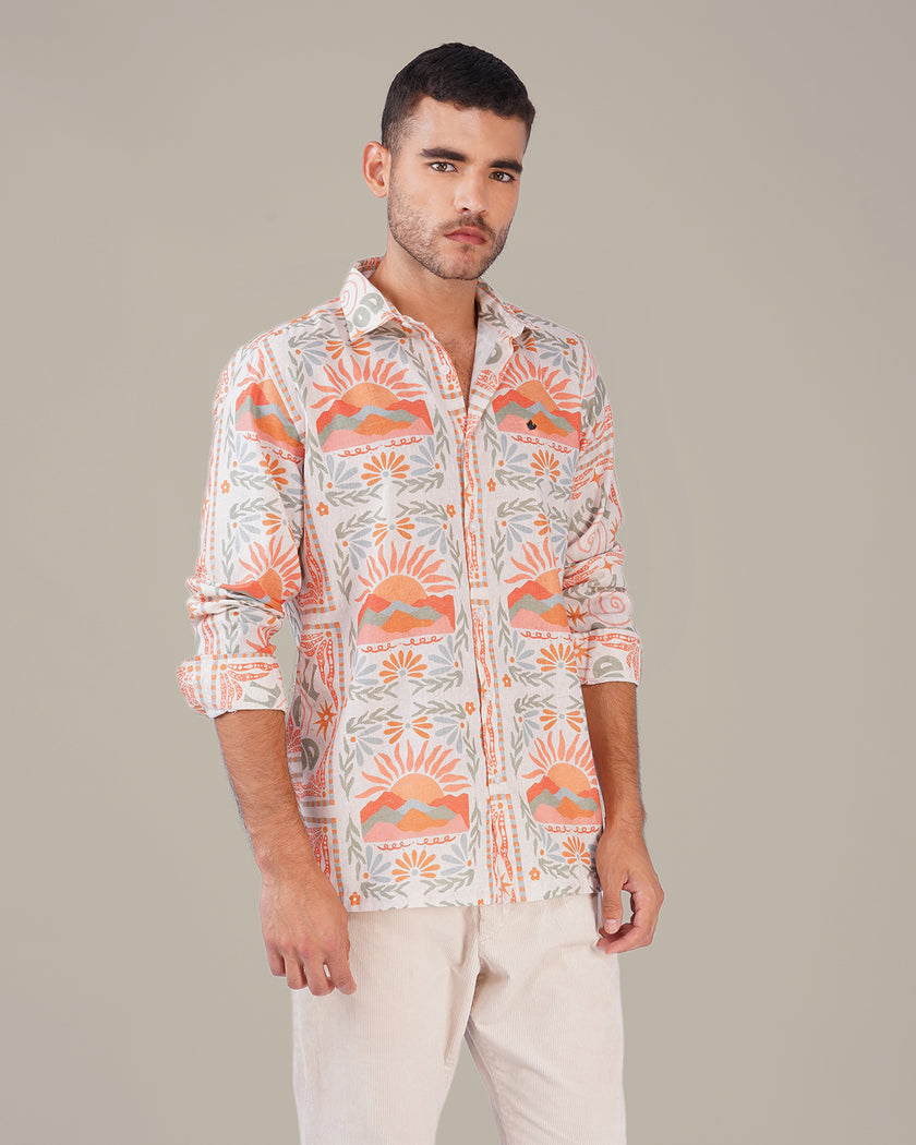 Multicolor Graphic Print Linen Blend Regular Fit Shirt