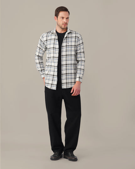 White and Blue Plaid Poly Viscose Stretch Blend Classic Fit Shirt