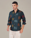 Dark Green Floral Embroidery Linen-Cotton Blend Regular Fit Shirt