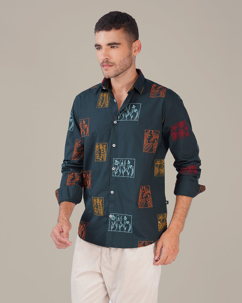 Dark Green Floral Embroidery Linen-Cotton Blend Regular Fit Shirt