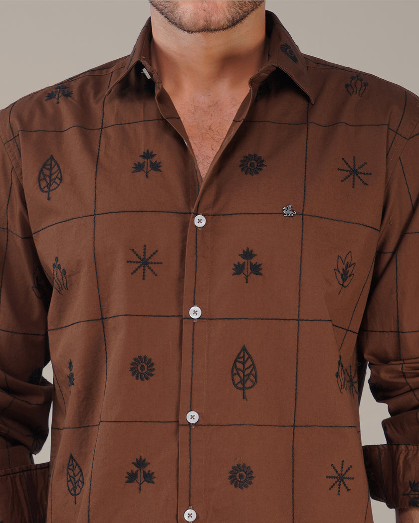 Brown Botanical Print Linen Blend Regular Fit Shirt