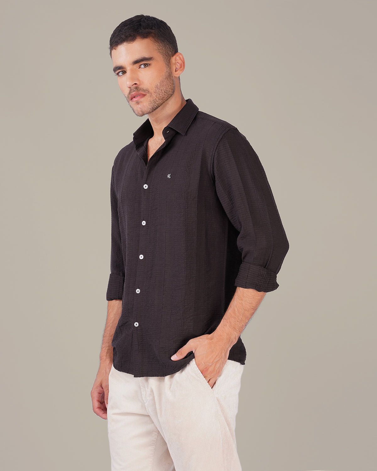 Deep Burgundy Textured Polyester Viscose Blend Regular Fit Shirt