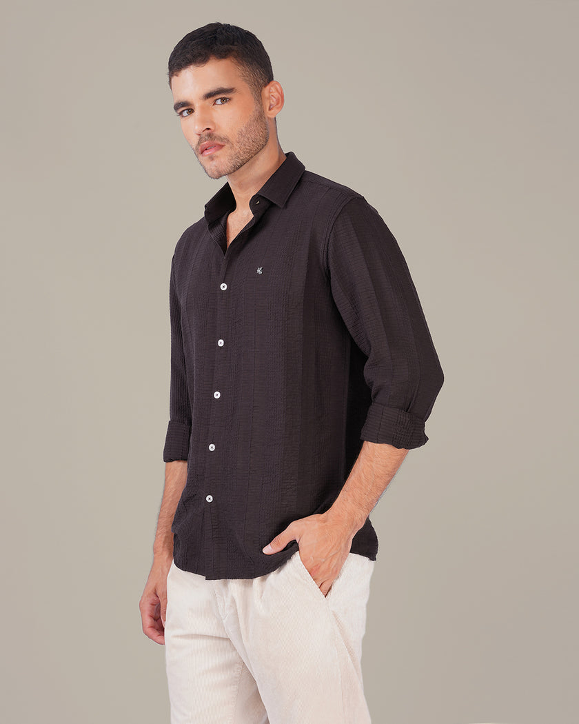 Deep Burgundy Textured Polyester Viscose Blend Regular Fit Shirt