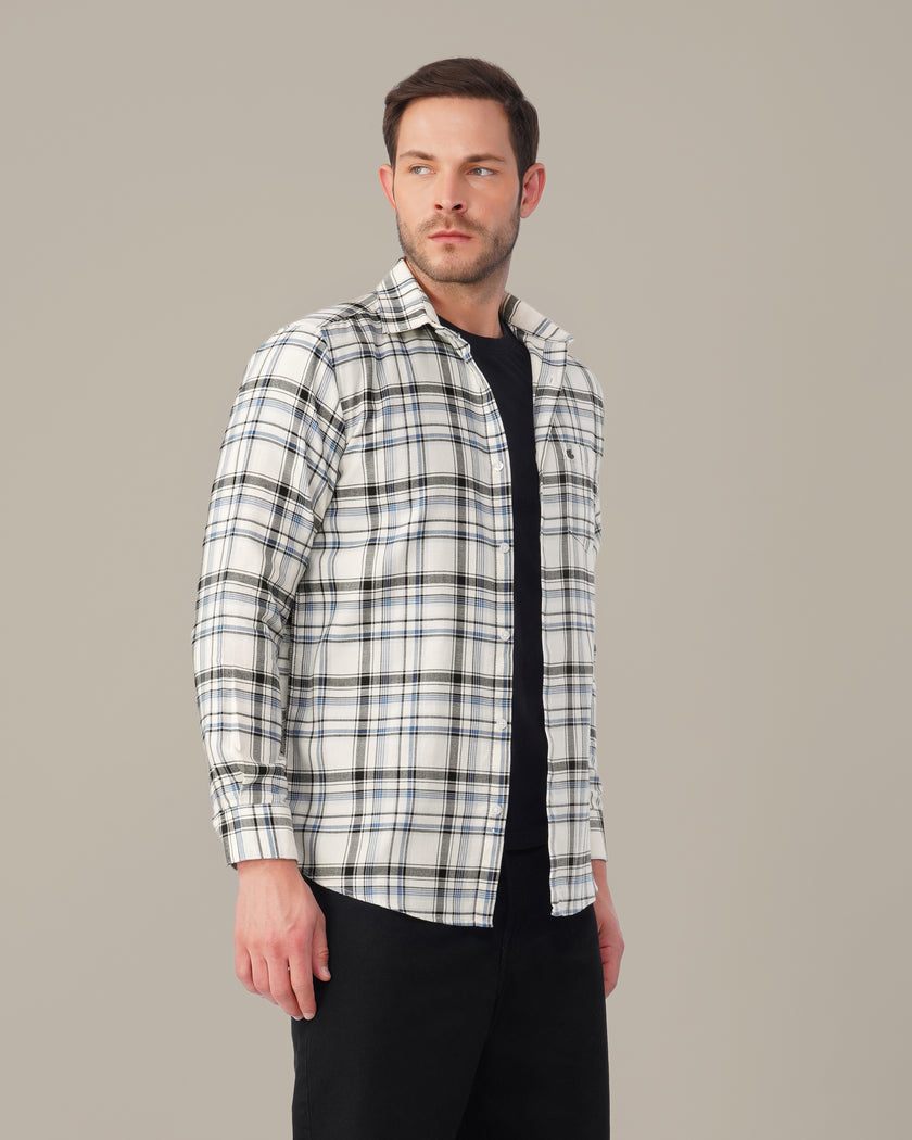 White and Blue Plaid Poly Viscose Stretch Blend Classic Fit Shirt
