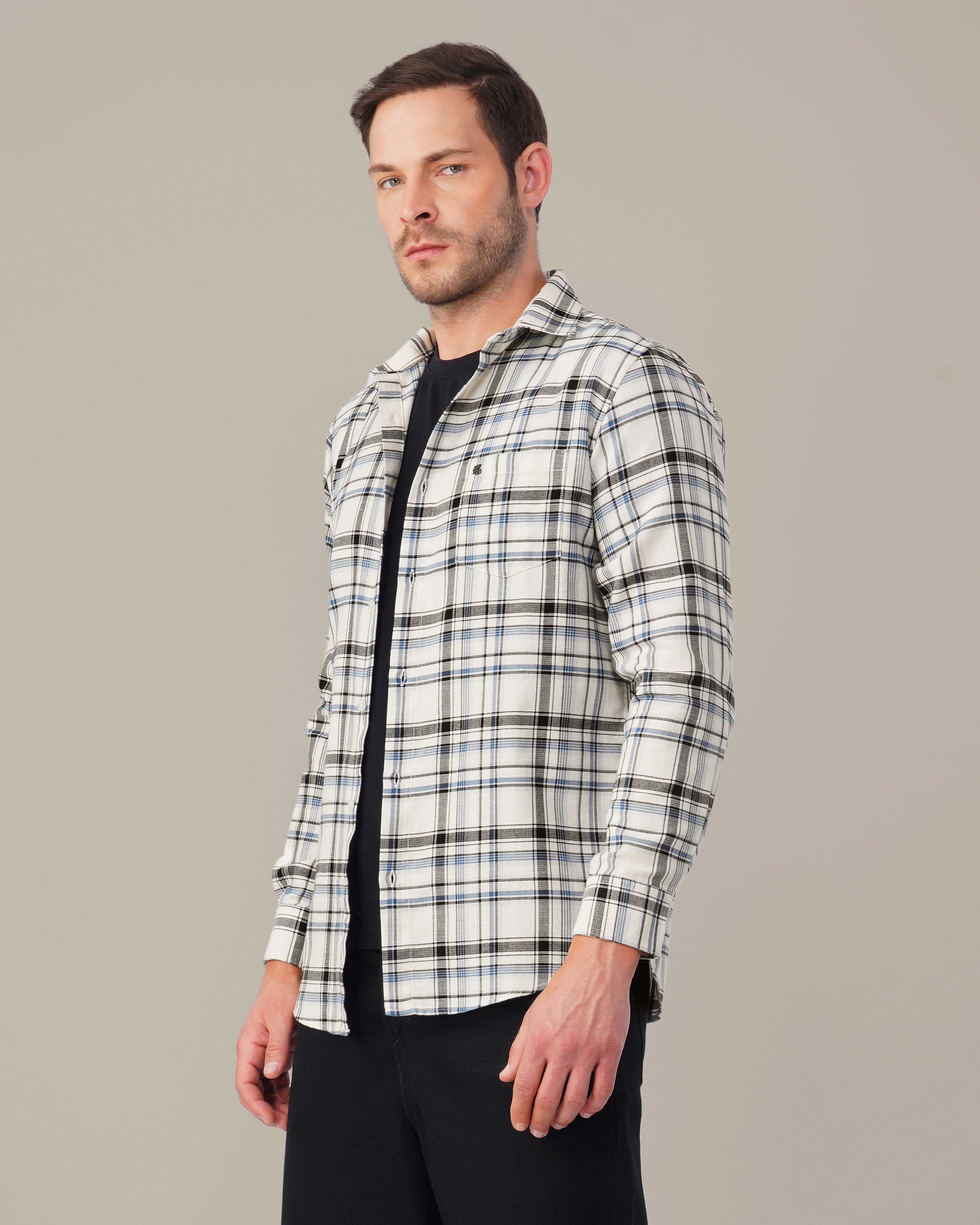 White and Blue Plaid Poly Viscose Stretch Blend Classic Fit Shirt