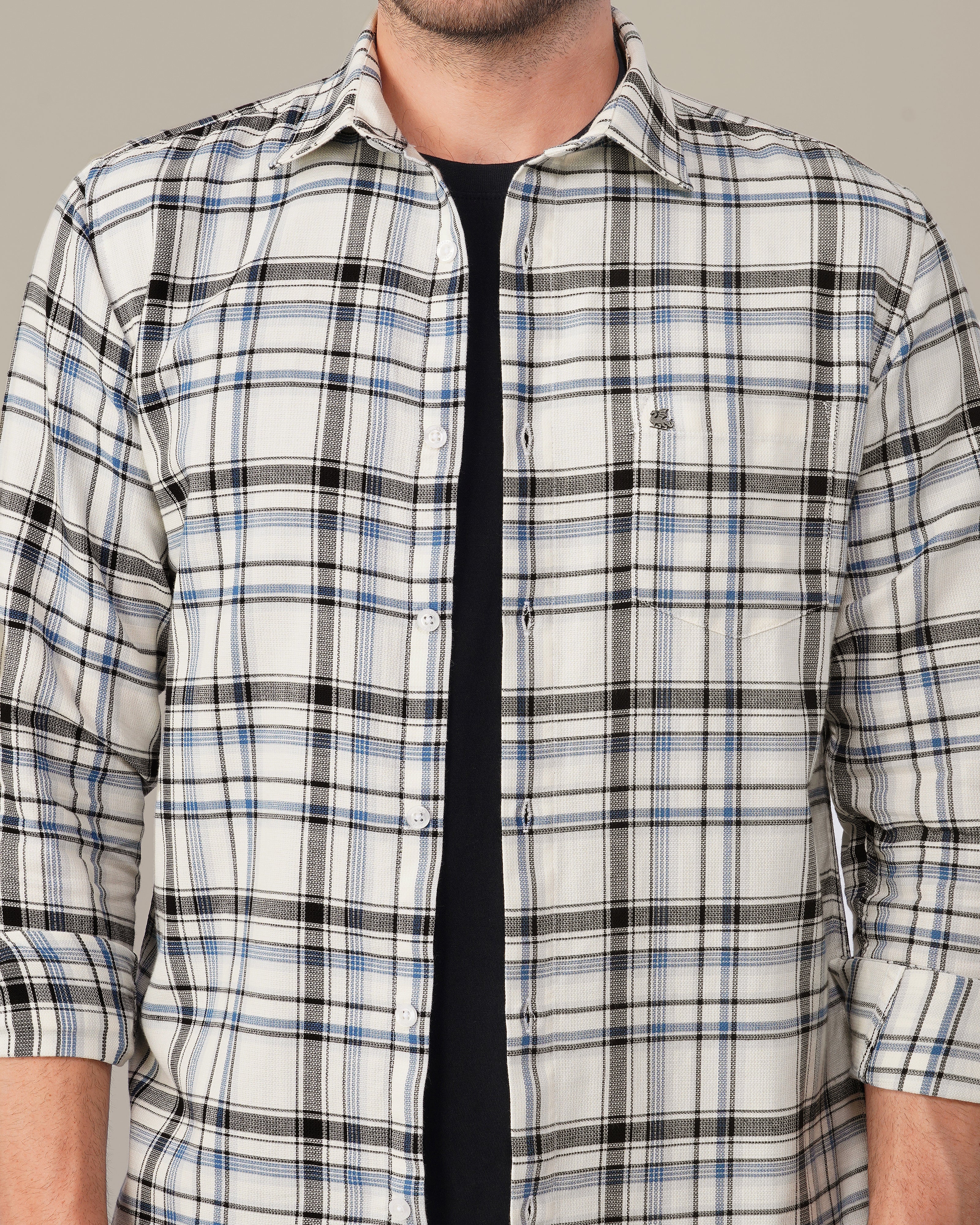White and Blue Plaid Poly Viscose Stretch Blend Classic Fit Shirt