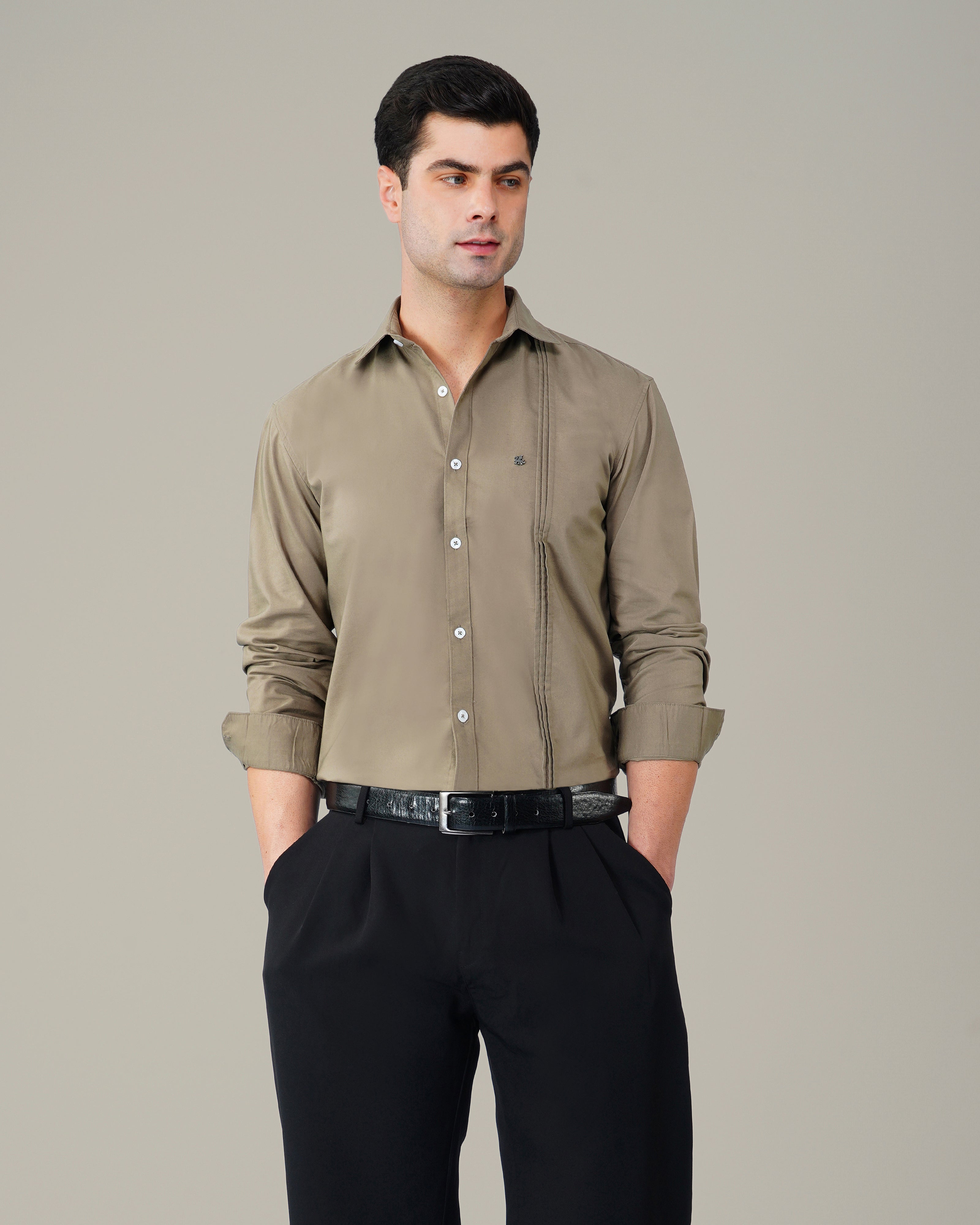 Olive Solid Polyester-Lycra Blend Regular Collar Shirt