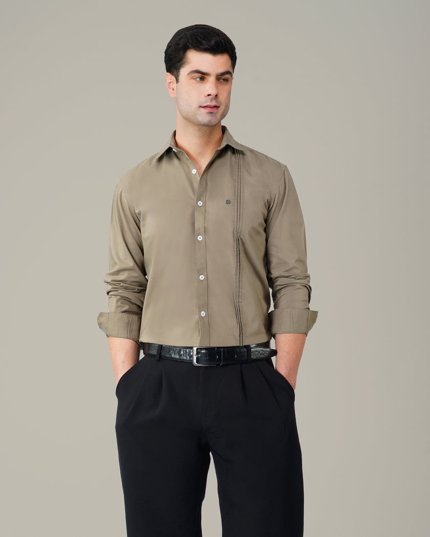 Olive Solid Polyester-Lycra Blend Regular Collar Shirt